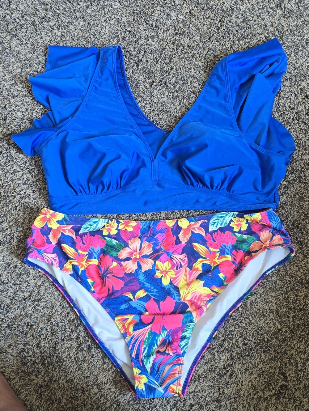 SHEIN Royal Blue Ruffled Top with Tropical Floral Bikini Bottoms